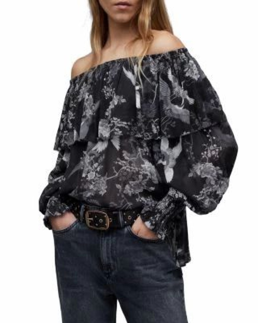 Women * | Liza Peggy Floral Off-The-Shoulder Top Allsaints Black