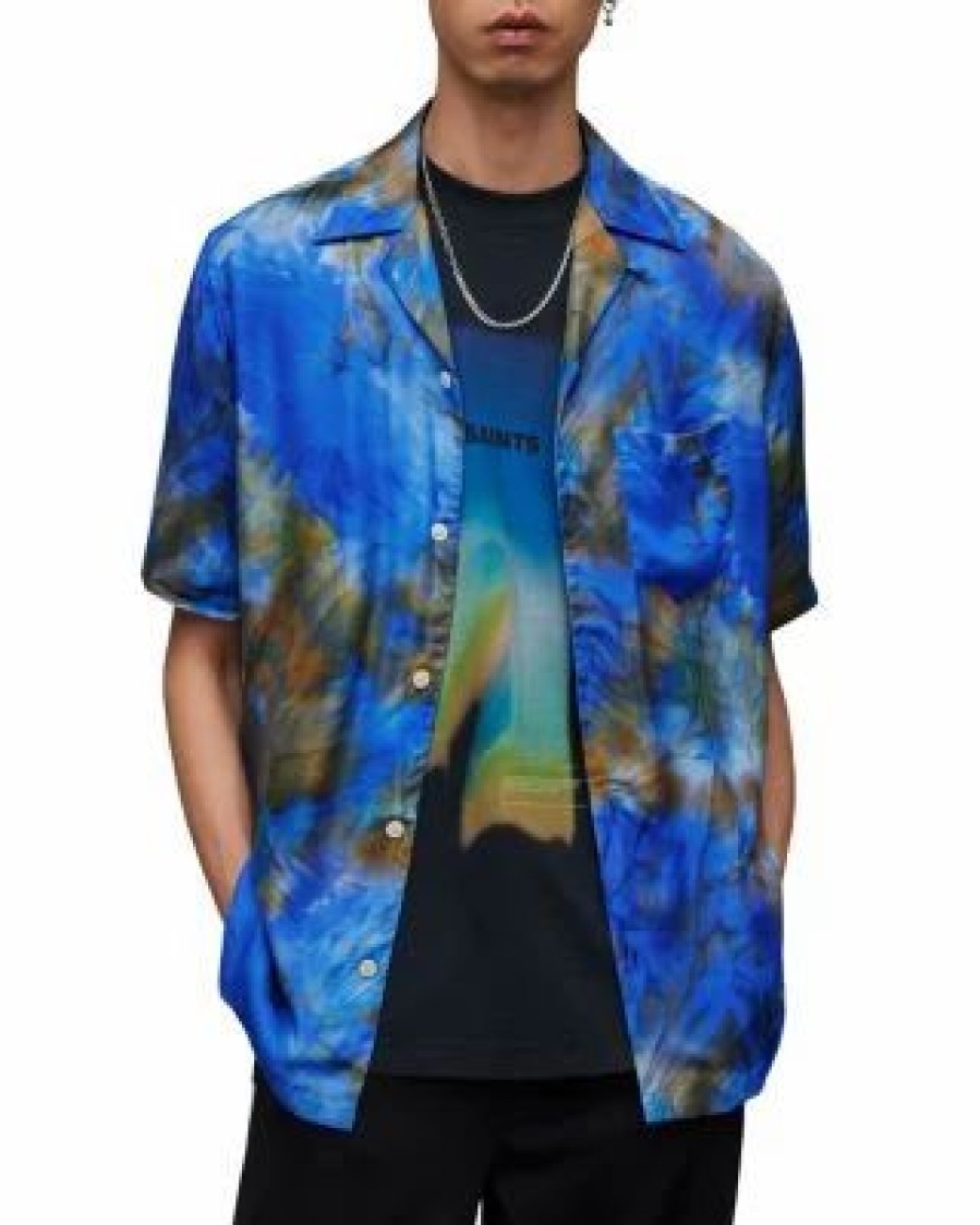 Men * | Borealis Relaxed Fit Printed Short Sleeve Camp Shirt Allsaints Blue