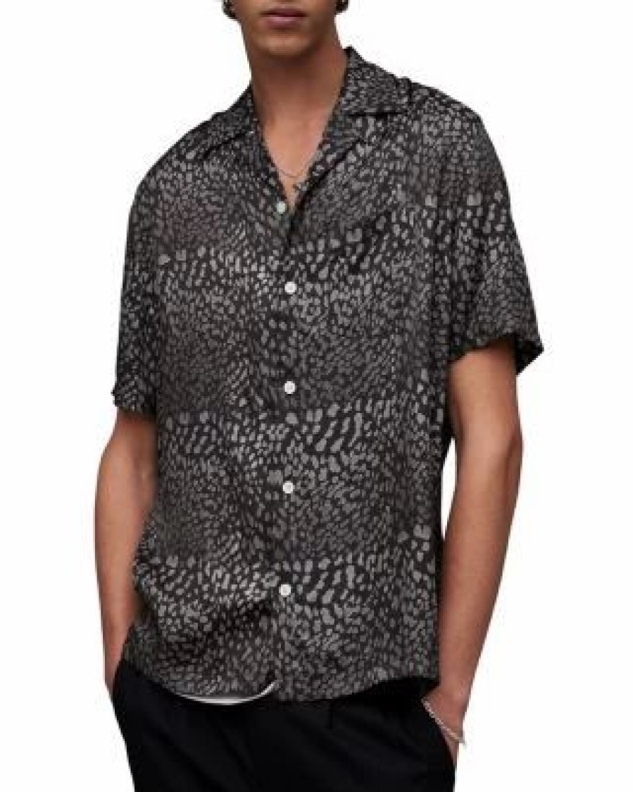 Men * | Cosmos Relaxed Fit Printed Short Sleeve Camp Shirt Allsaints Black