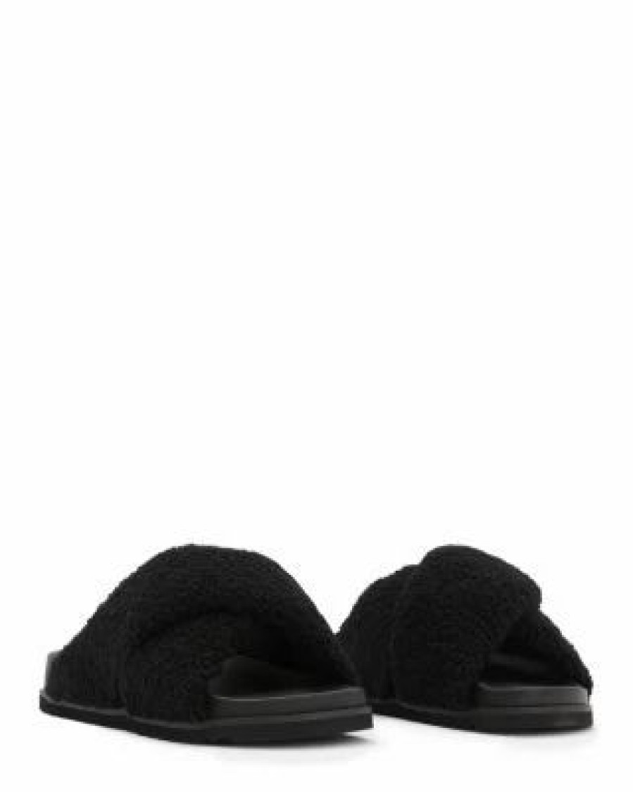 Shoes * | Women'S Saki Shearling Slip On Sandals Allsaints Black