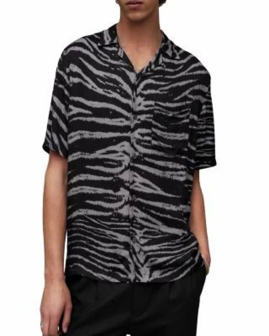 Men * | Cubs Relaxed Fit Printed Short Sleeve Camp Shirt Allsaints Black