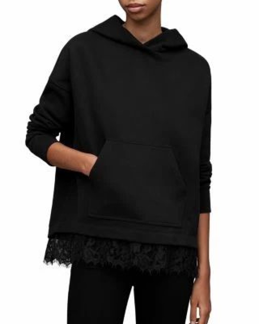 Women * | Lee Lace Trim Hoodie Allsaints Black