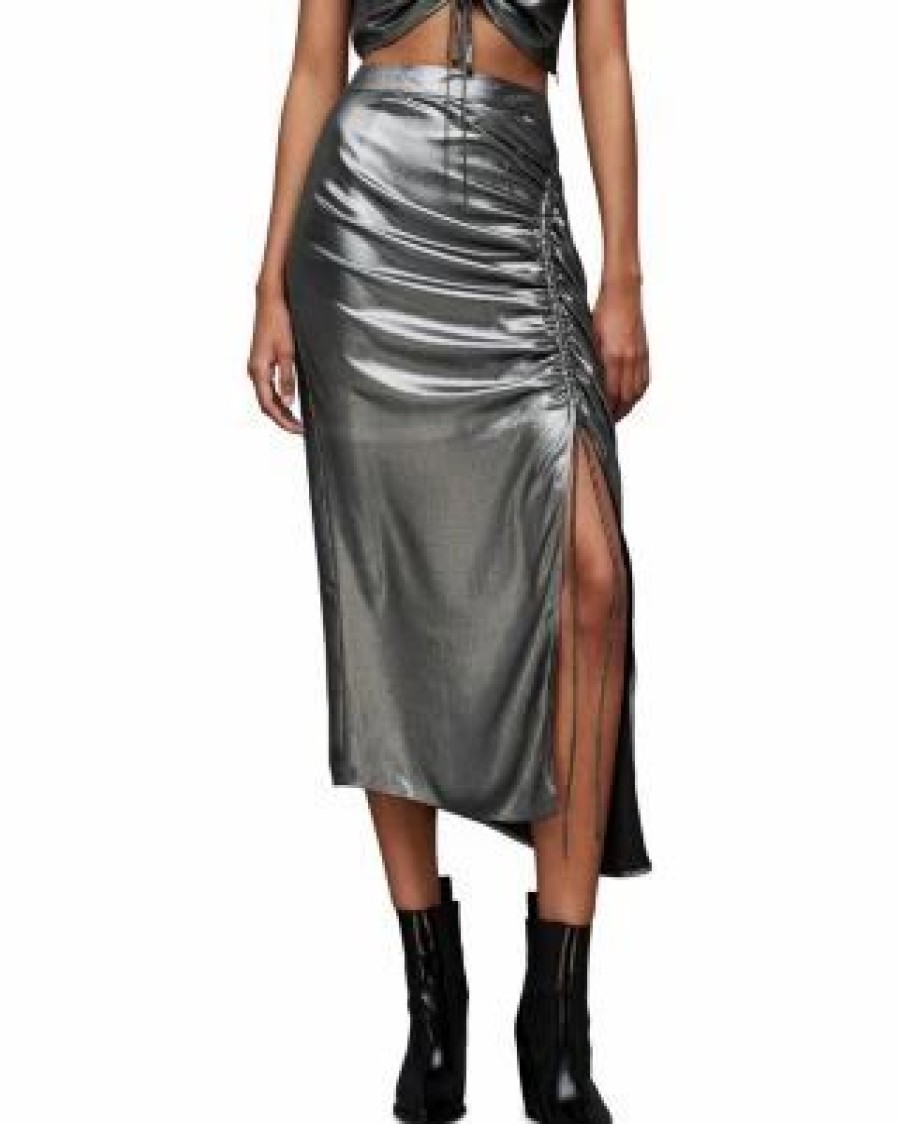 Women * | Carla Metallic Midi Skirt Allsaints Gray