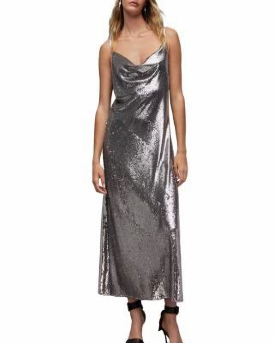 Women * | Hadley Sequin Slip Dress Allsaints Silver