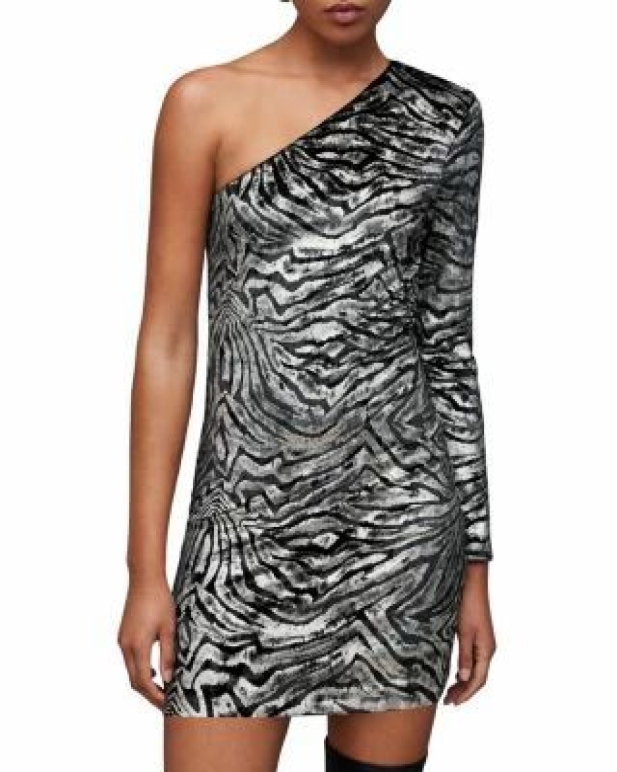 Women * | Deri Zebra One Shoulder Dress Allsaints Multi