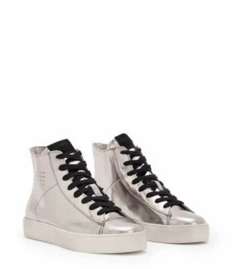 Shoes * | Women'S Tana Metallic Lace Up High Top Sneakers Allsaints Silver