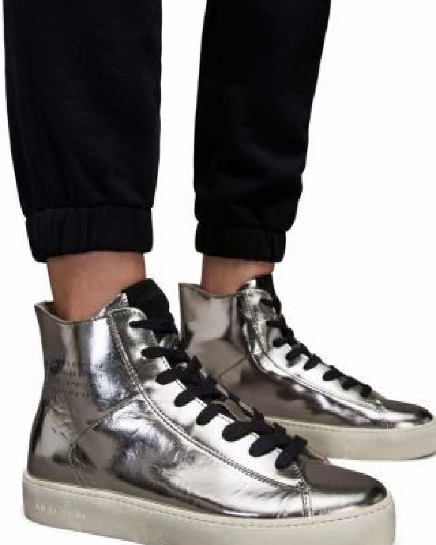 Shoes * | Women'S Tana Metallic Lace Up High Top Sneakers Allsaints Silver