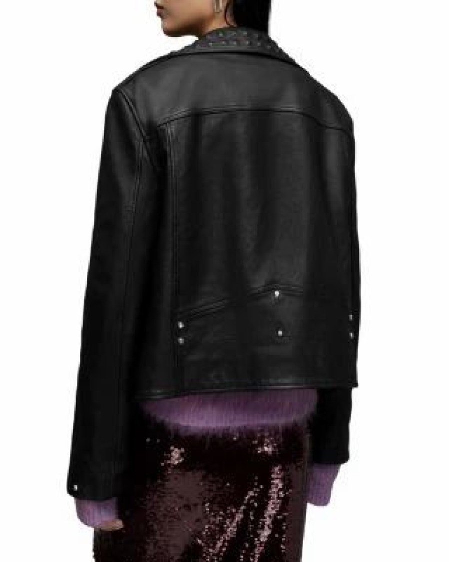 Women * | Lyra Pyramid Leather Biker Jacket Allsaints Black