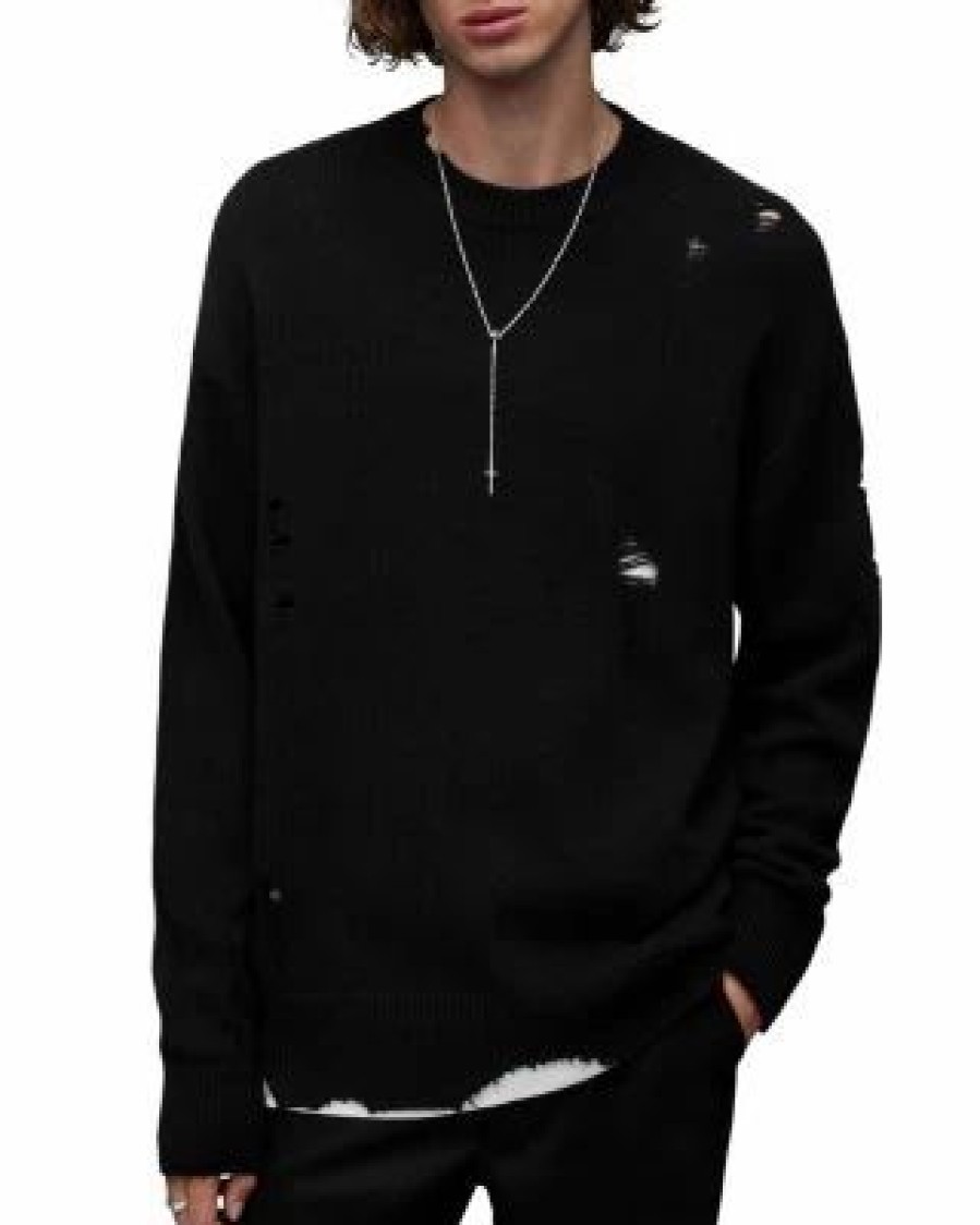 Men * | Vicious Wool & Cotton Destroyed Oversized Fit Crewneck Sweater Allsaints Black