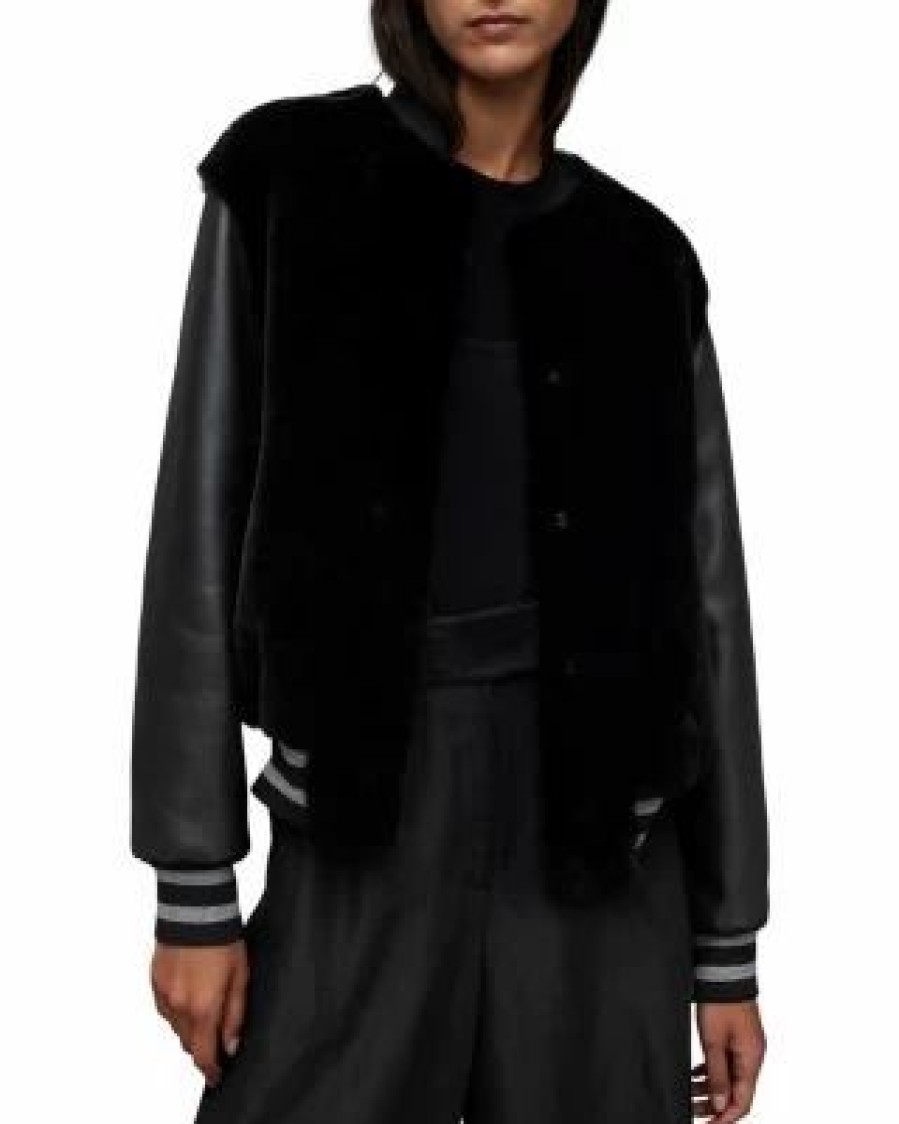 Women * | Margot Leather & Shearling Baseball Jacket Allsaints Black