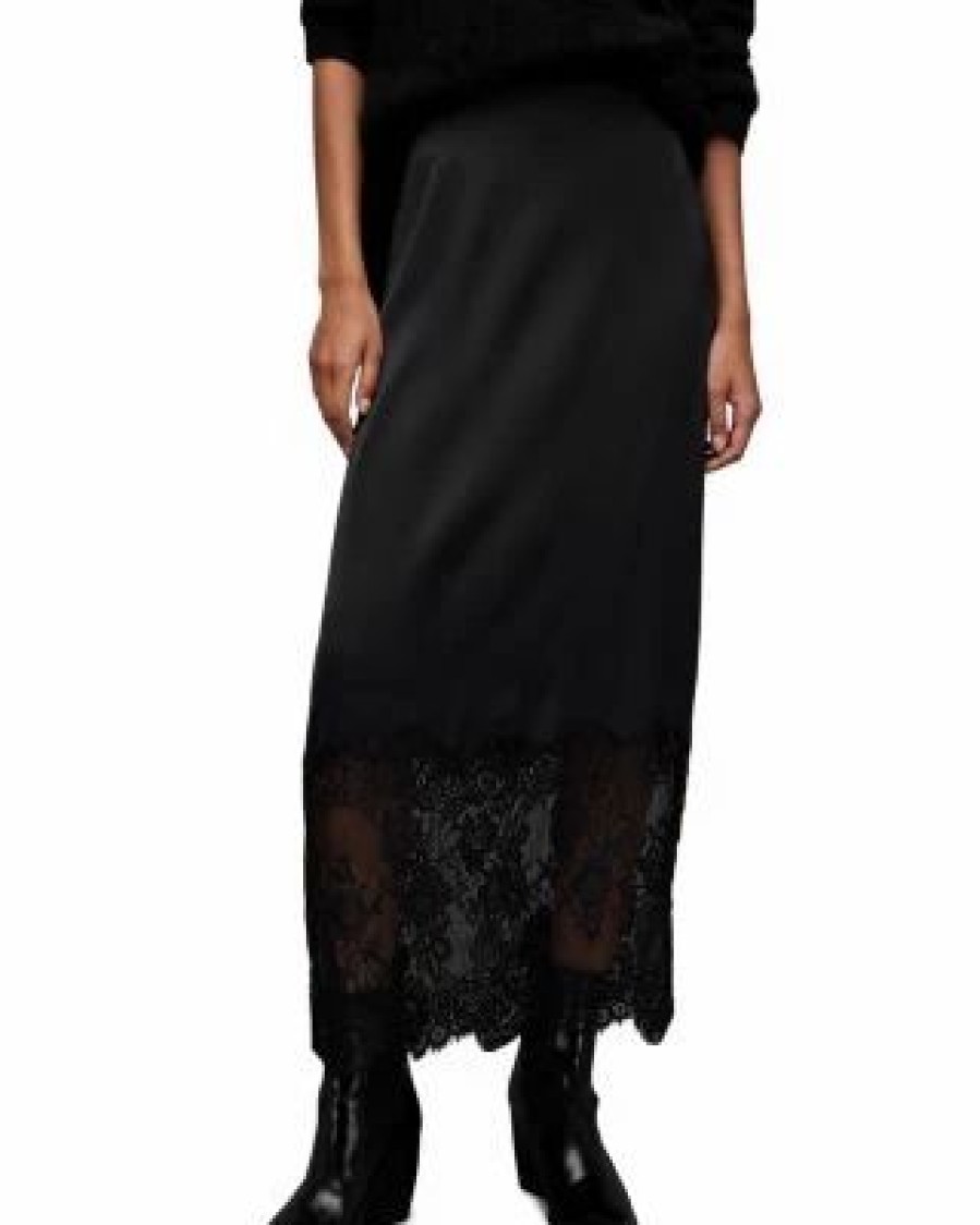 Women * | Floral Lace Midi Skirt Allsaints Black