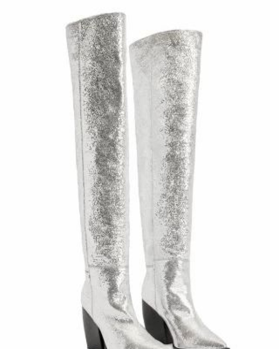 Shoes * | Women'S Reina Metallic Pointed Toe High Heel Boots Allsaints Silver