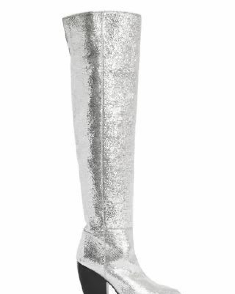 Shoes * | Women'S Reina Metallic Pointed Toe High Heel Boots Allsaints Silver