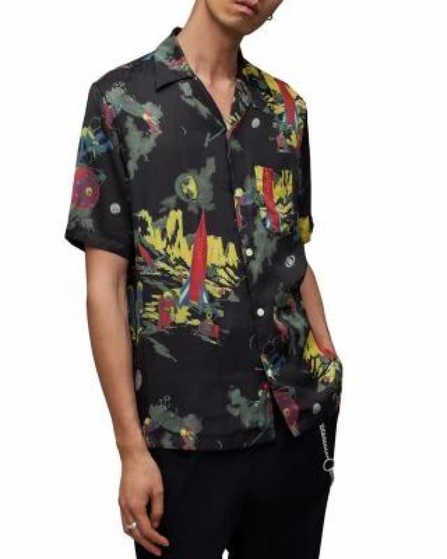 Men * | Cosmonaut Relaxed Fit Printed Short Sleeve Camp Shirt Allsaints Multi