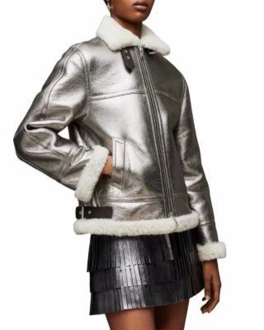 Women * | Lorel Metallic Aviator Jacket Allsaints Silver