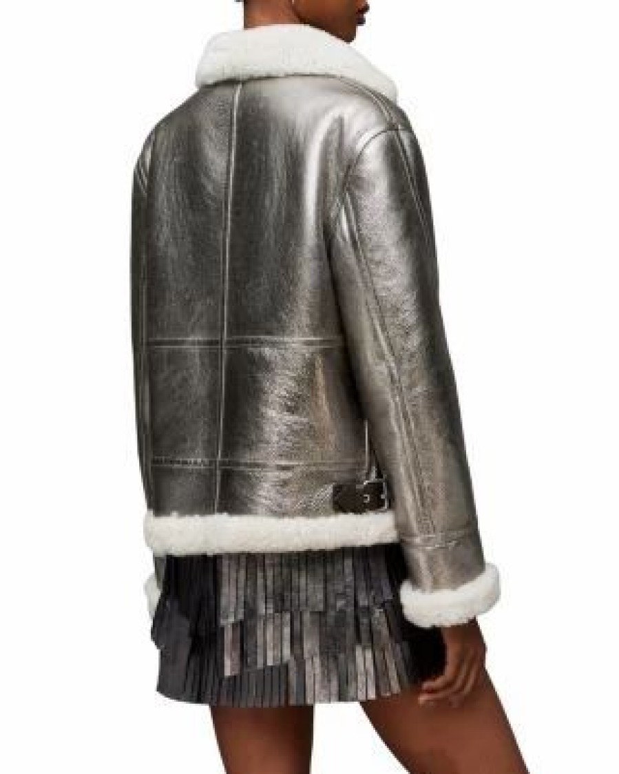 Women * | Lorel Metallic Aviator Jacket Allsaints Silver