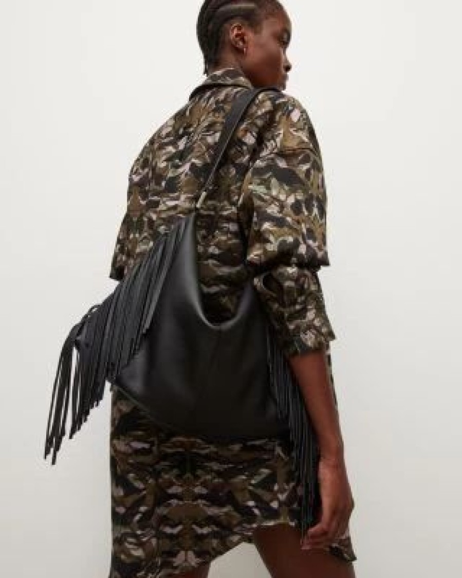 Accessory * | Edbury Leather Fringe Shoulder Bag Allsaints Black