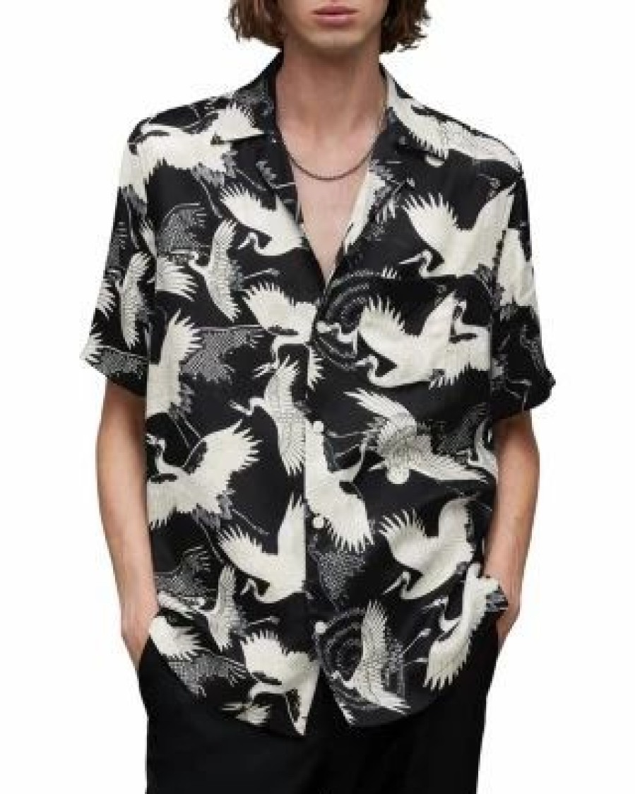 Men * | Tsuru Printed Regular Fit Short Sleeved Shirt Allsaints Black