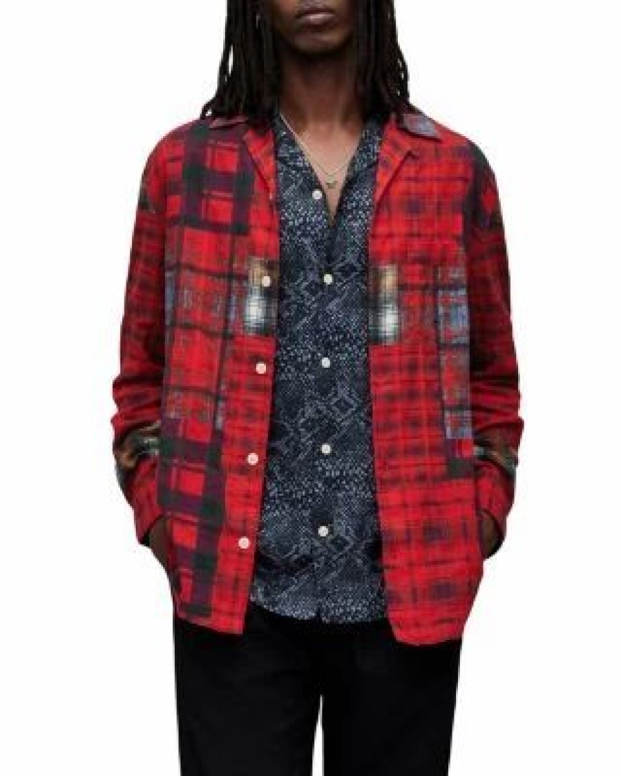 Men * | Carreaux Relaxed Fit Printed Long Sleeve Shirt Allsaints Red