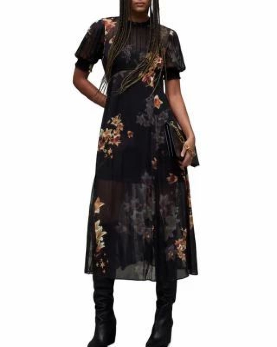 Women * | Laverna Stargazer Floral Print Lace Trim Midi Dress Allsaints Black