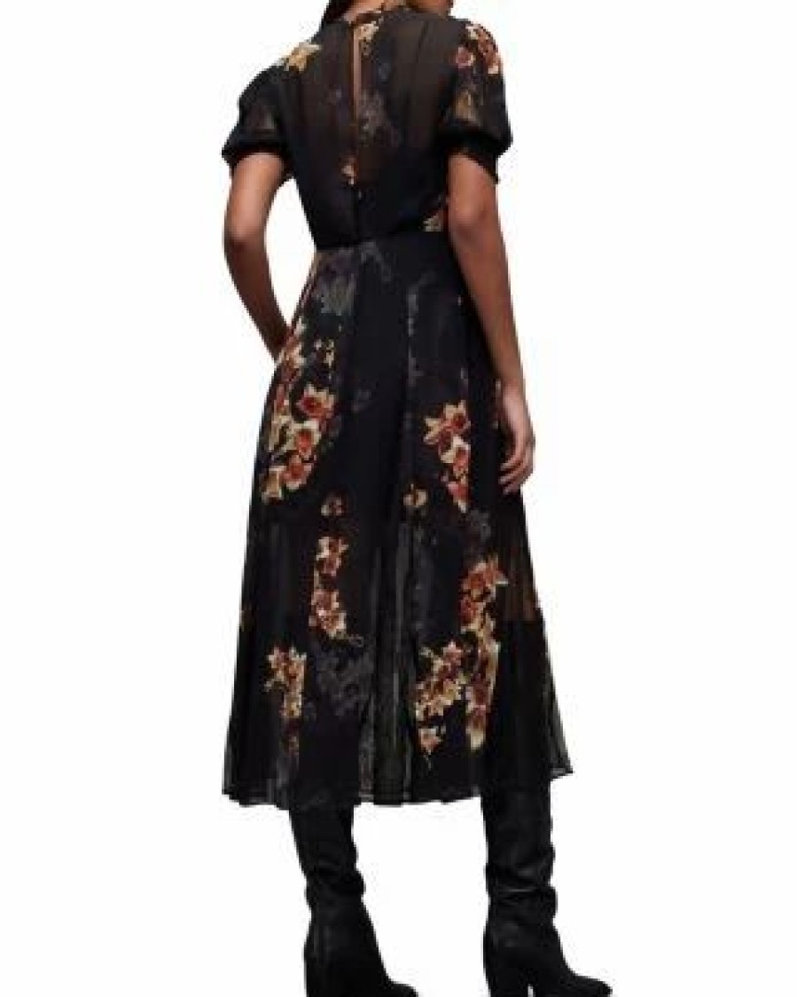 Women * | Laverna Stargazer Floral Print Lace Trim Midi Dress Allsaints Black