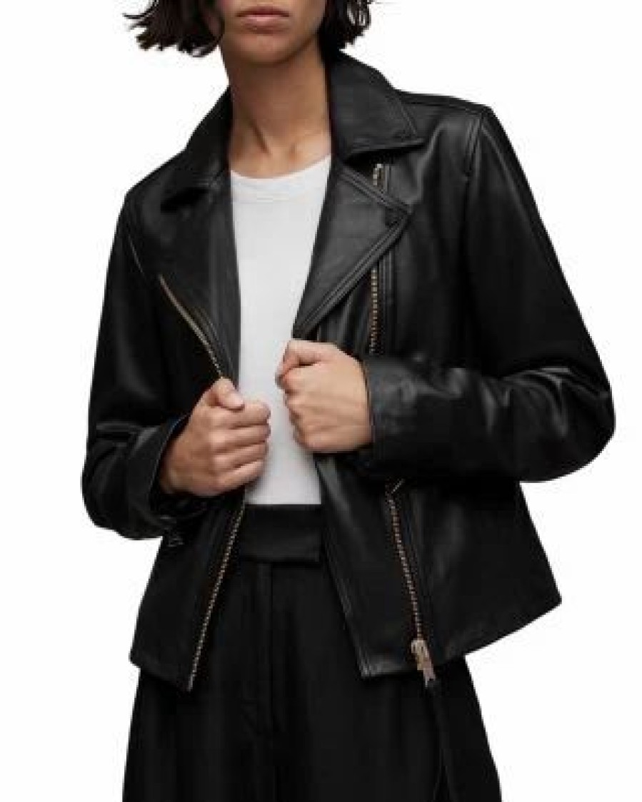 Women * | Vela Leather Biker Jacket Allsaints Black