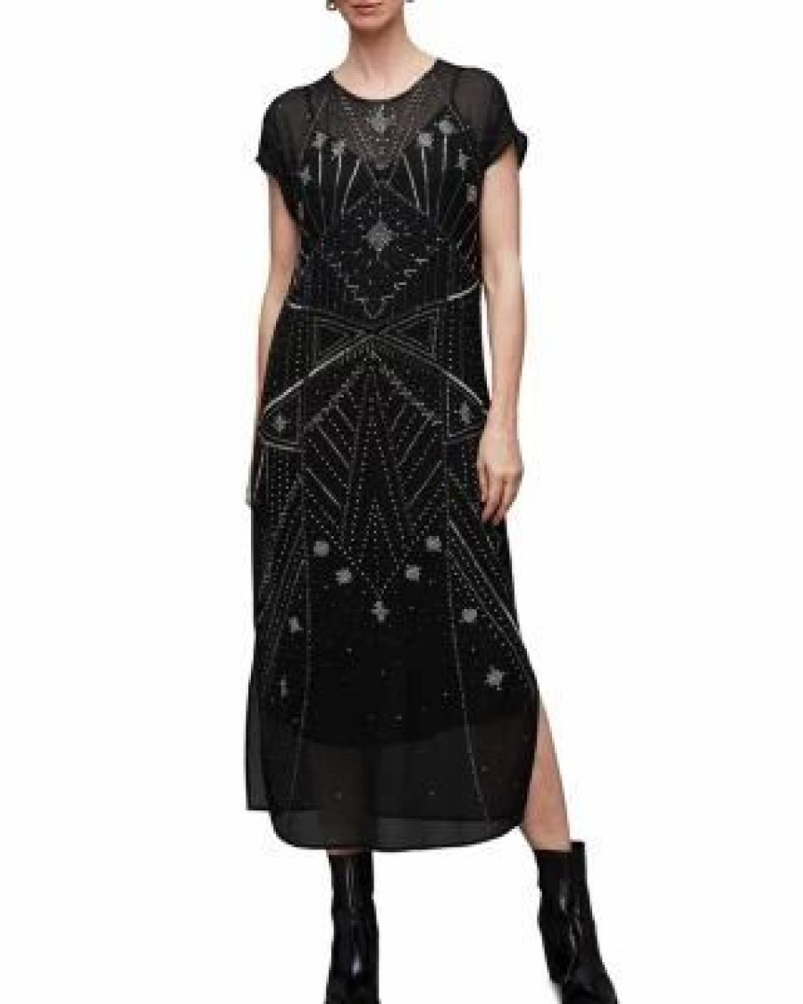 Women * | Etta Embellished Side Slit Dress Allsaints Black