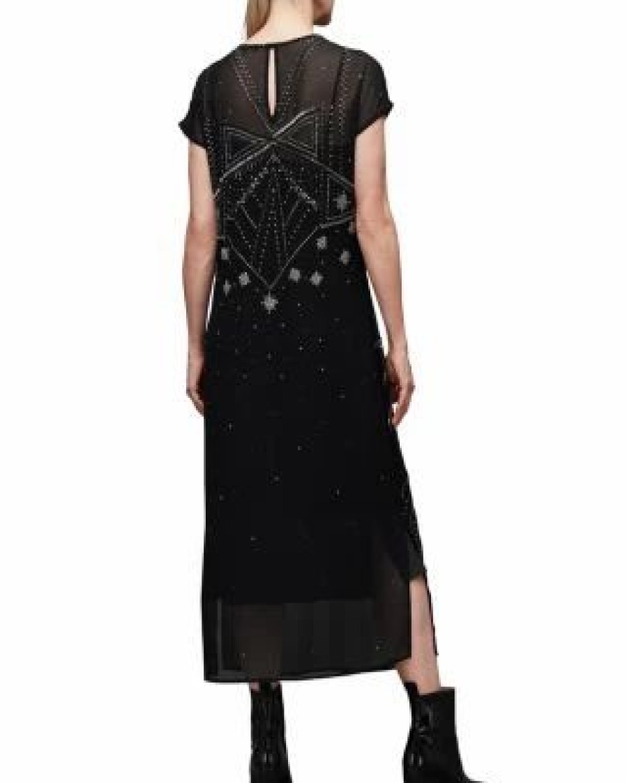 Women * | Etta Embellished Side Slit Dress Allsaints Black