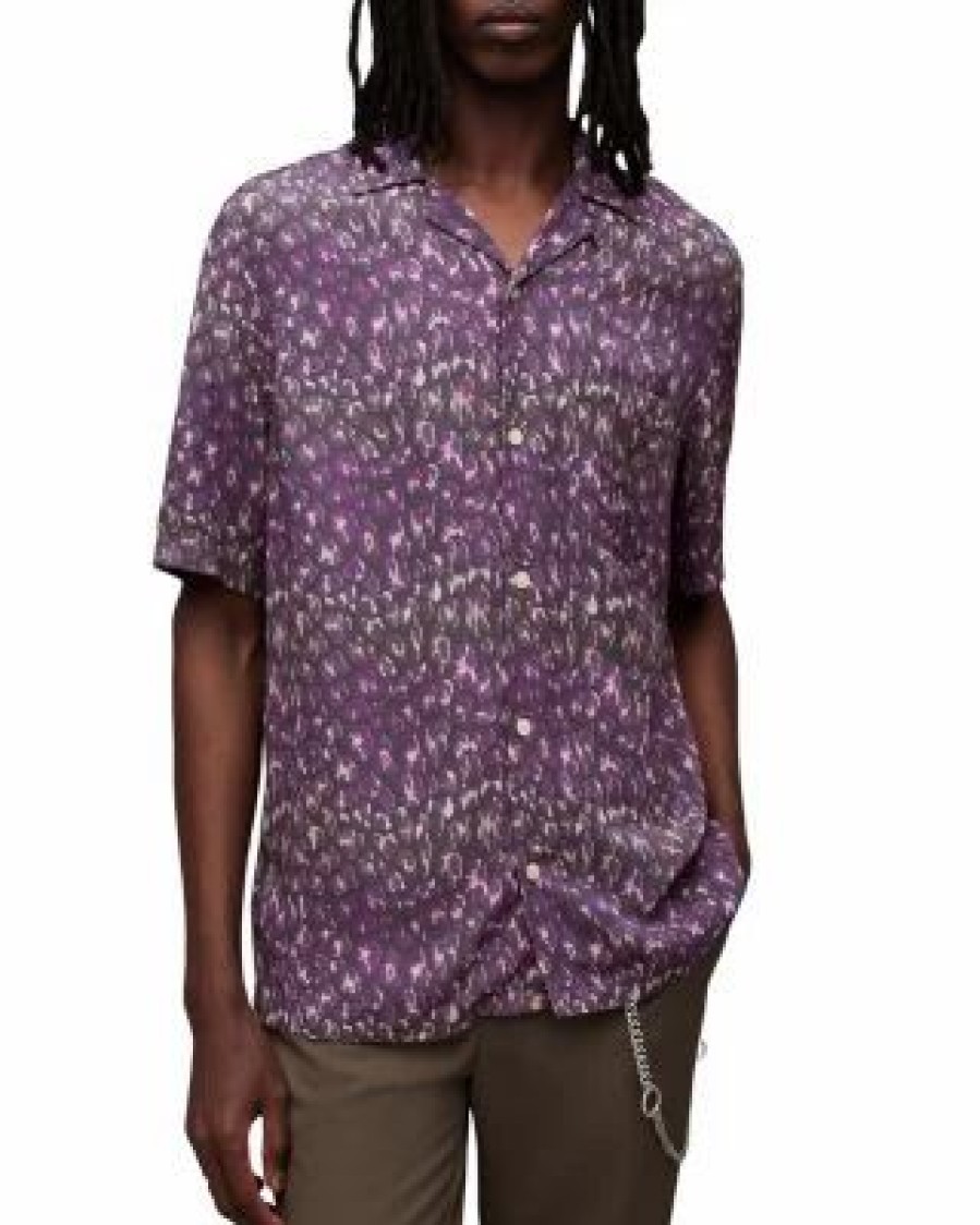 Men * | Ikuma Relaxed Fit Printed Short Sleeve Camp Shirt Allsaints Purple