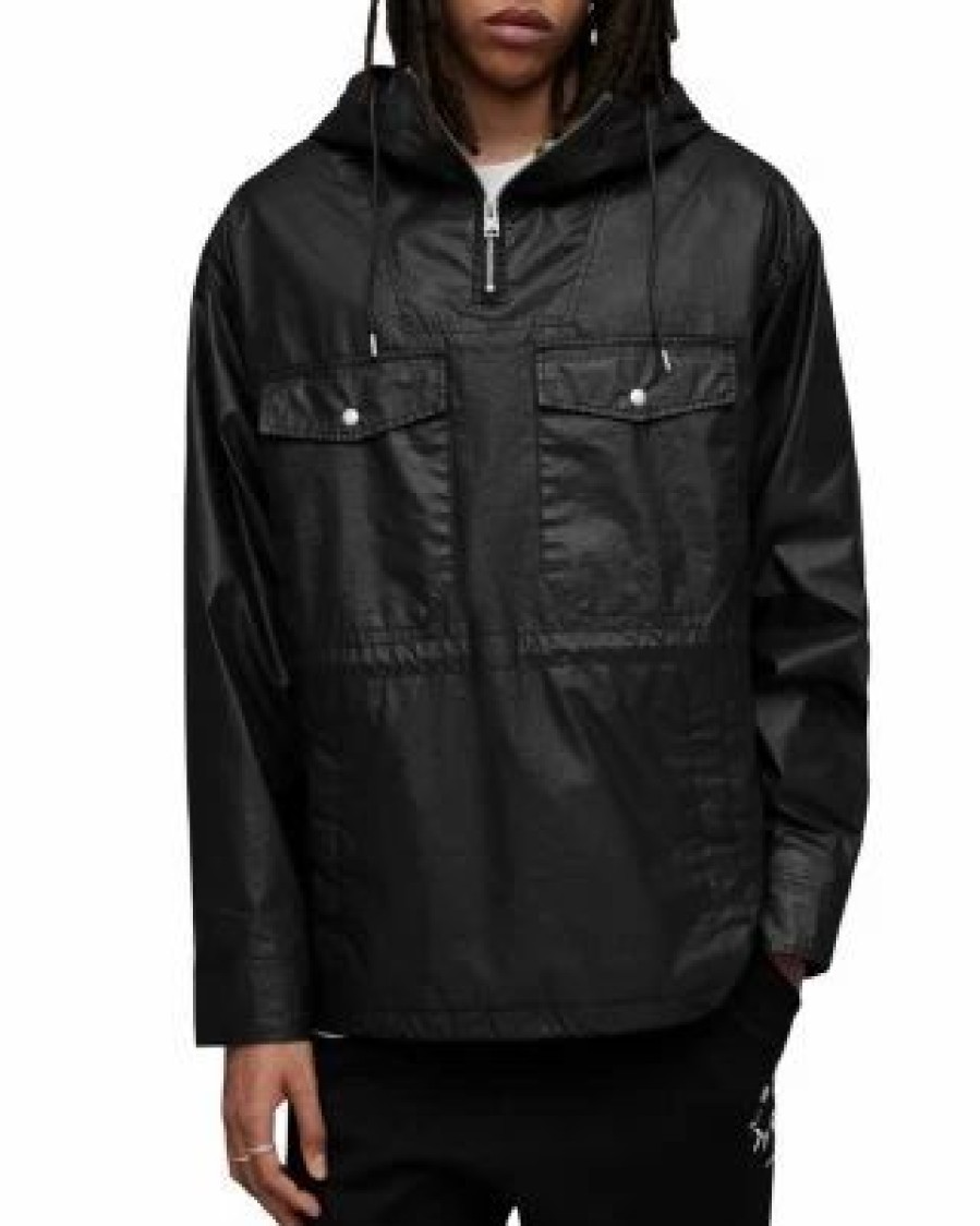 Men * | Segmore Cotton & Nylon Hooded Quarter Zip Jacket Allsaints Black