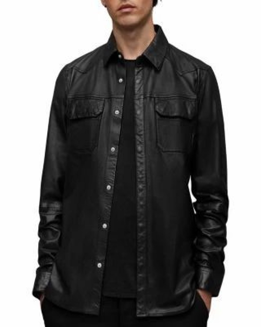 Men * | Ivan Leather Snap Shirt Allsaints Black