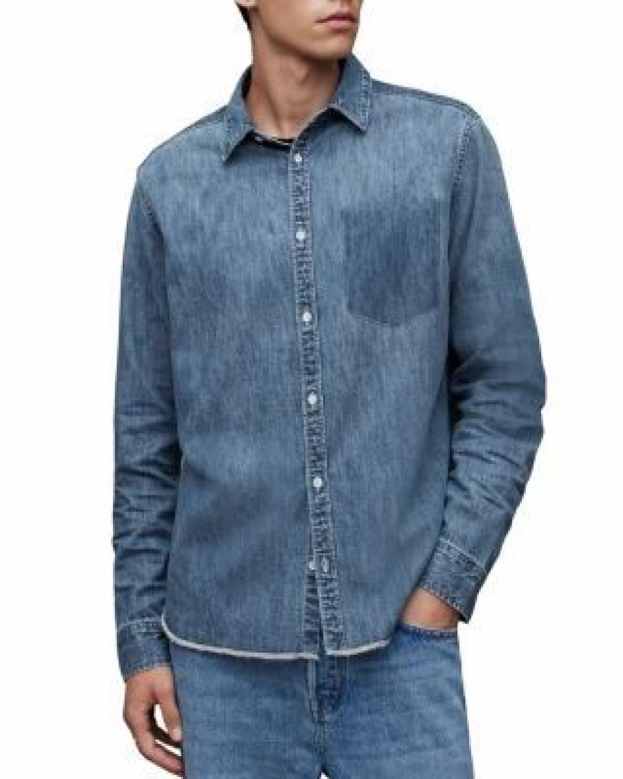 Men * | Solar Long Sleeve Denim Shirt Allsaints Blue