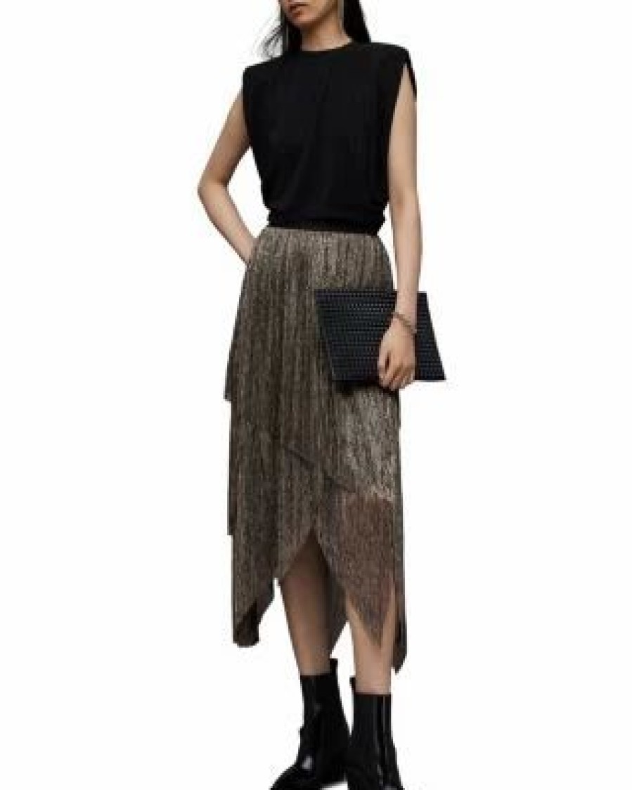 Women * | Veena Metallic Skirt Allsaints Gold