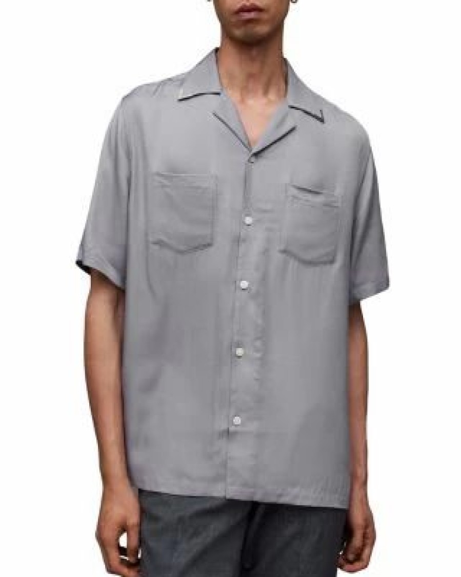 Men * | Runaway Relaxed Fit Button Down Camp Shirt Allsaints Gray