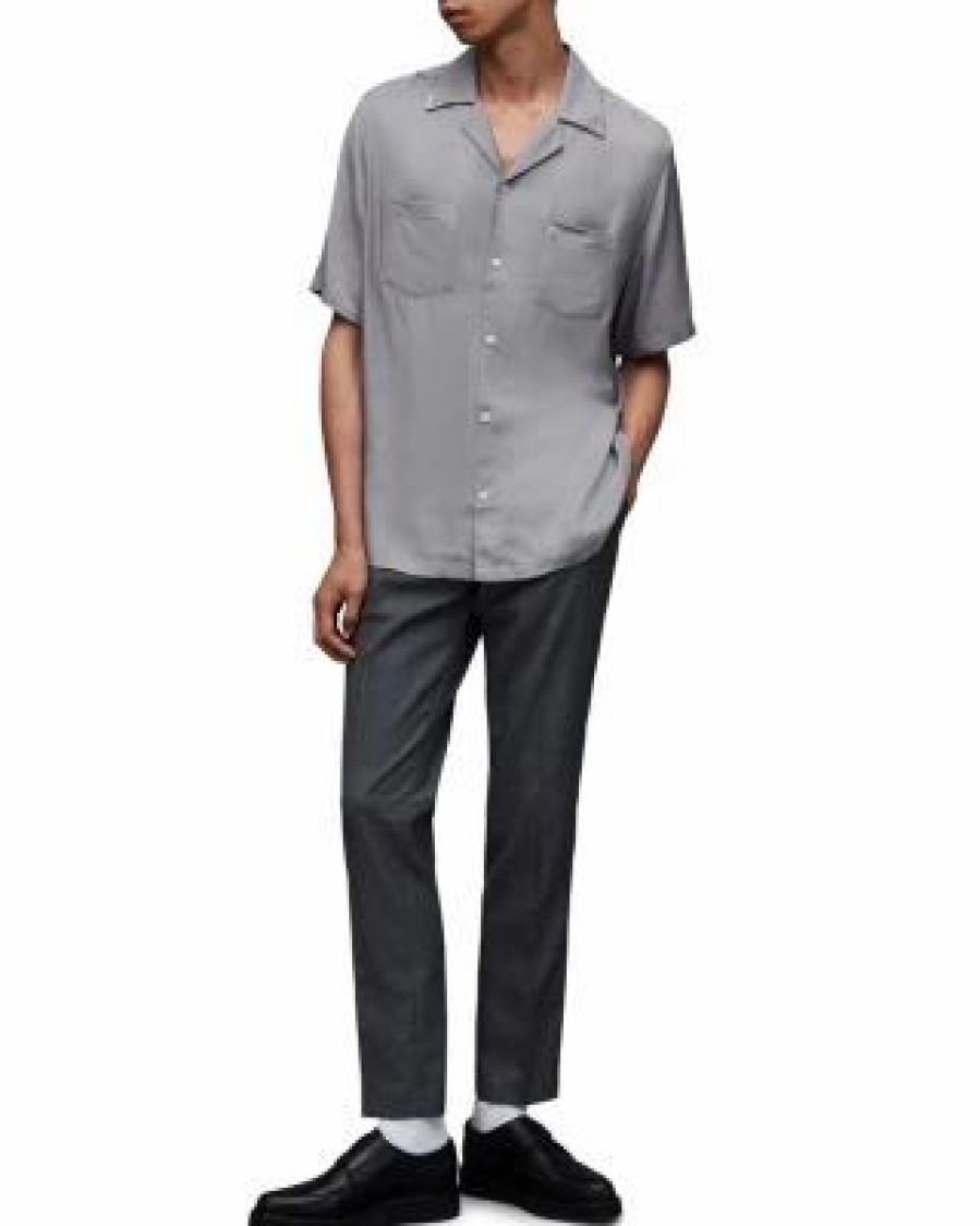 Men * | Runaway Relaxed Fit Button Down Camp Shirt Allsaints Gray