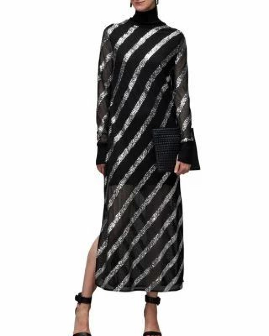 Women * | Juela Mesh Sequin Striped Midi Dress Allsaints Black