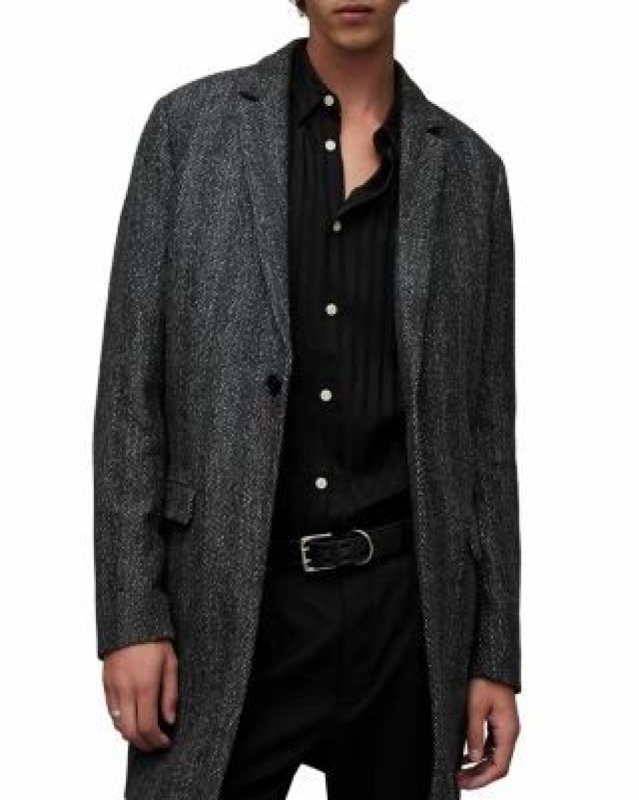 Men * | Manor Slim Fit Herringbone Overcoat Allsaints Black