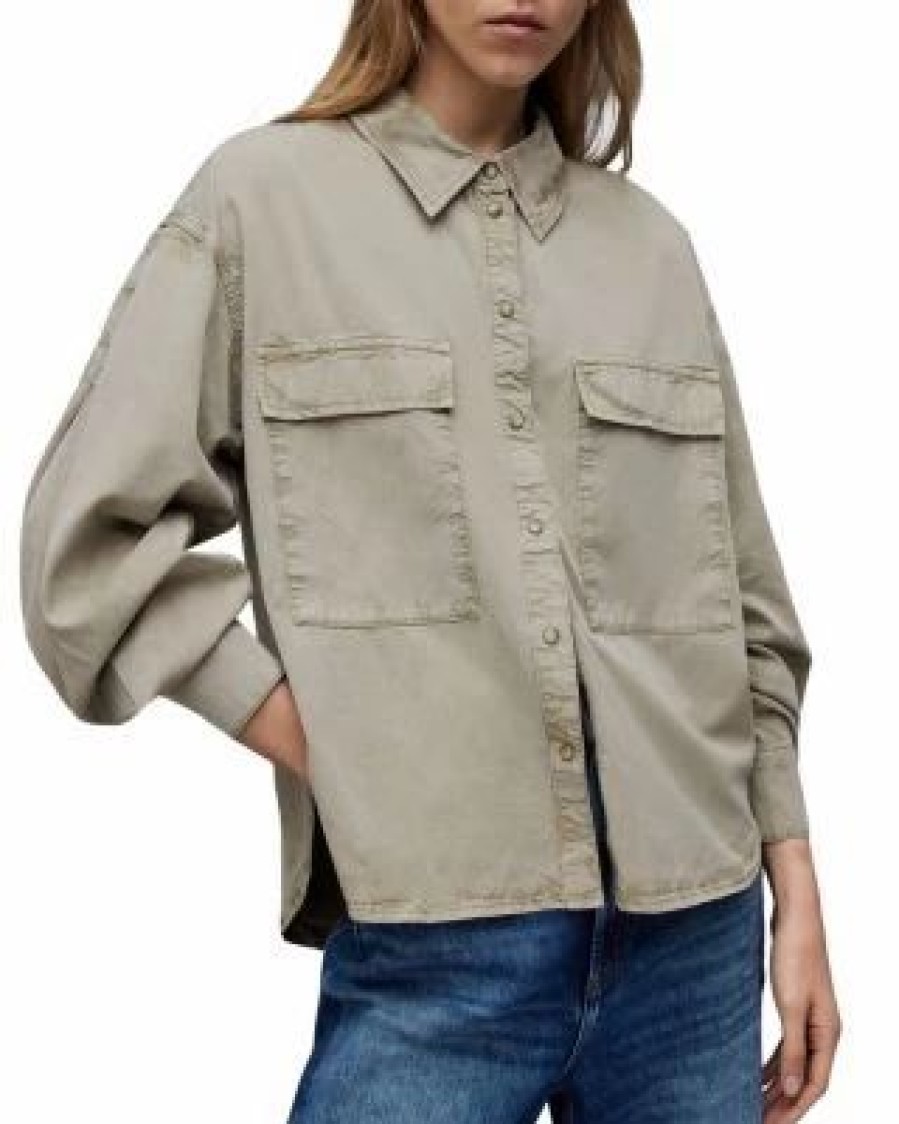 Women * | Eliana Cutout Denim Utility Shirt Allsaints Green