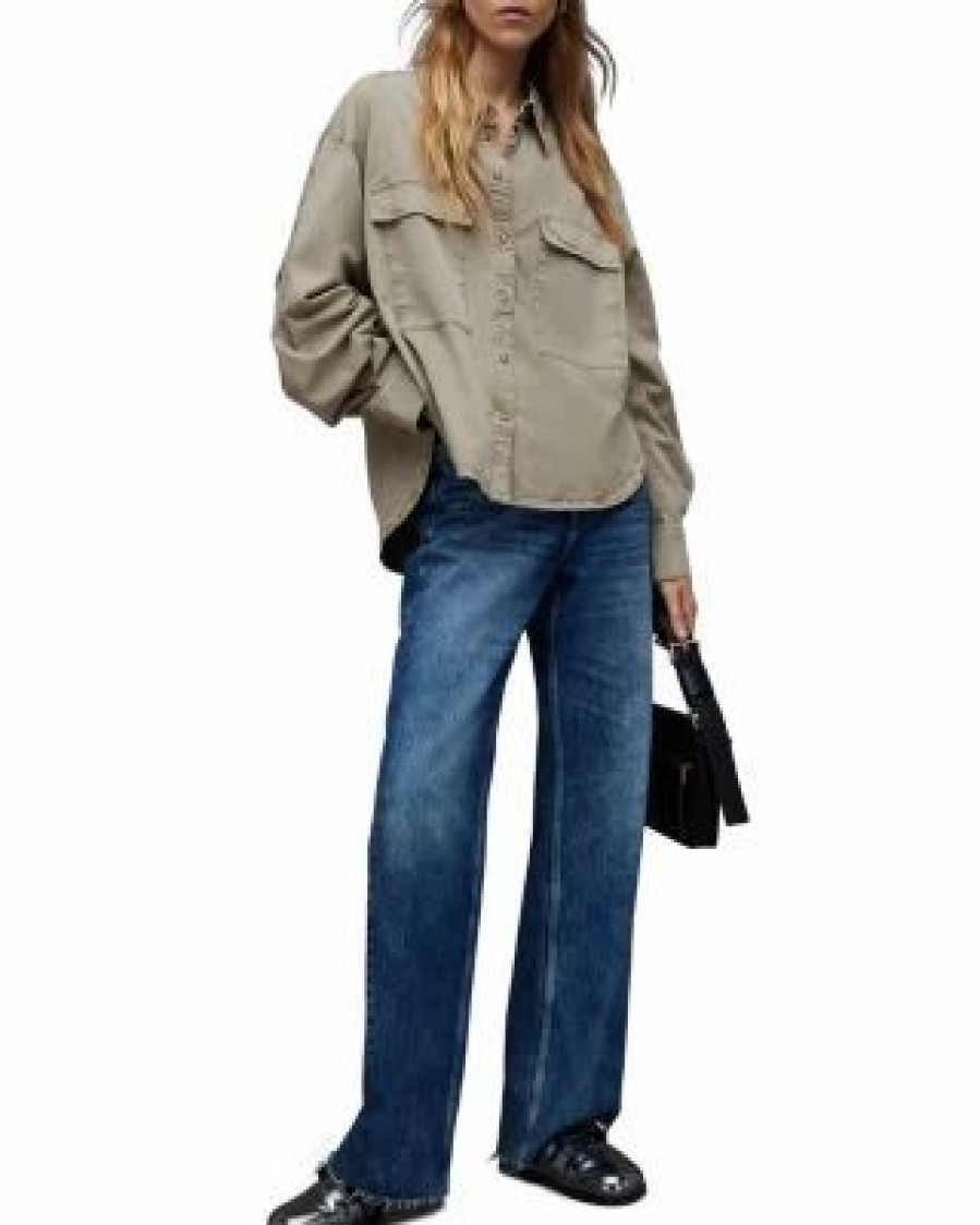 Women * | Eliana Cutout Denim Utility Shirt Allsaints Green