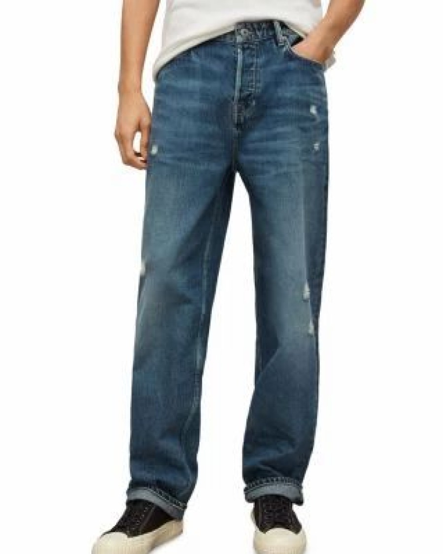 Men * | Reeves Cotton Distressed Relaxed Jeans In Dark Indigo Allsaints Blue