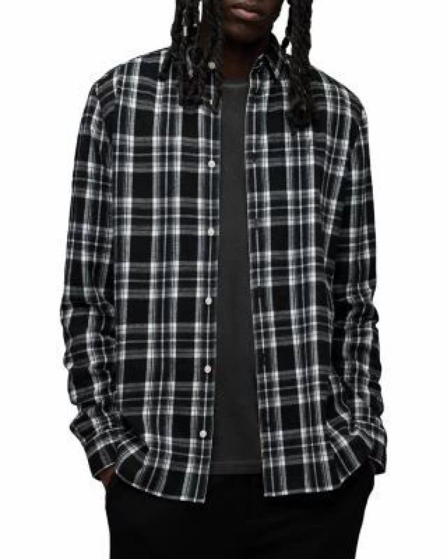 Men * | Leulus Long Sleeve Plaid Shirt Allsaints Black