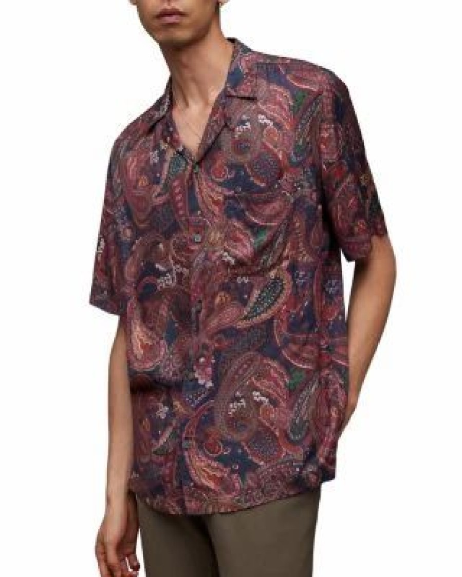 Men * | Zowie Relaxed Fit Printed Short Sleeve Camp Shirt Allsaints Multi