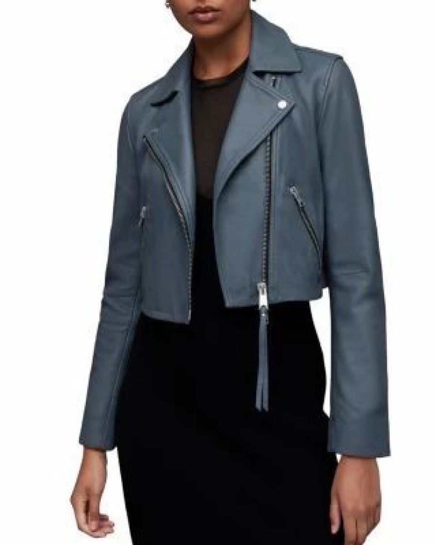 Women * | Dalby Cropped Leather Biker Jacket Allsaints Gray