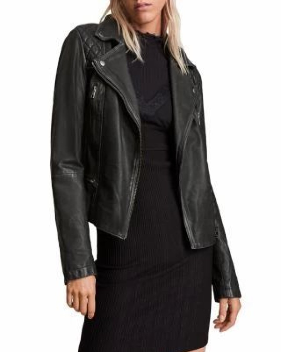 Women * | Cargo Quilted Leather Biker Jacket Allsaints Black