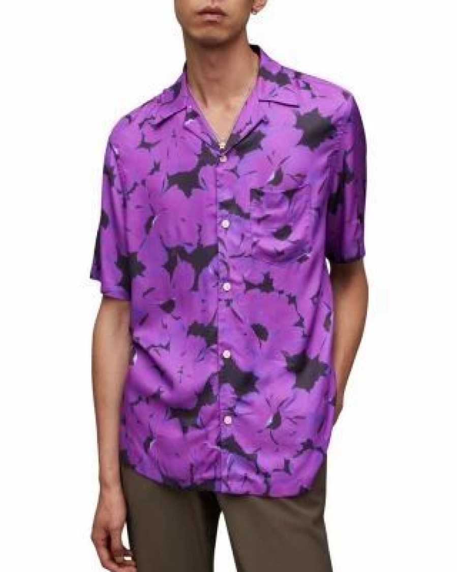 Men * | Kaza Relaxed Fit Printed Short Sleeve Camp Shirt Allsaints Purple