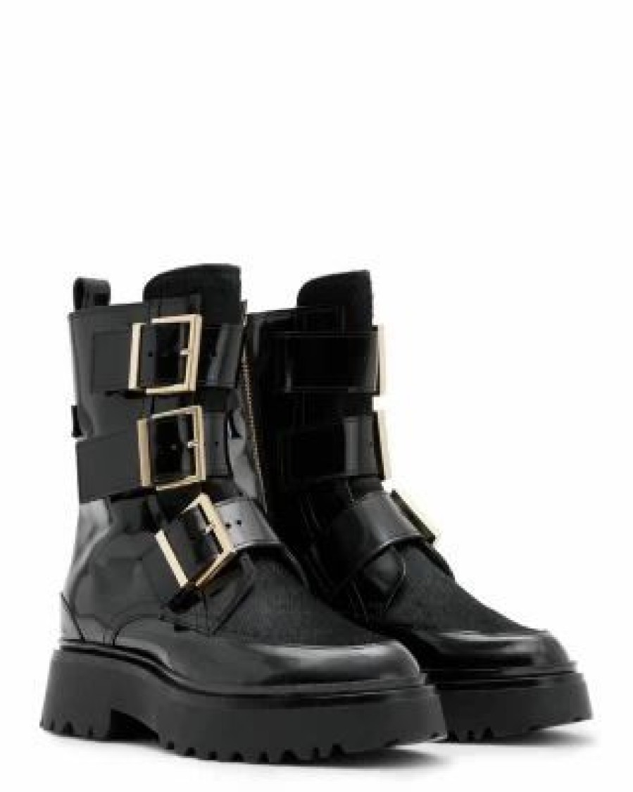 Shoes * | Women'S Lynx Triple Buckle & Calf Hair Booties Allsaints Black