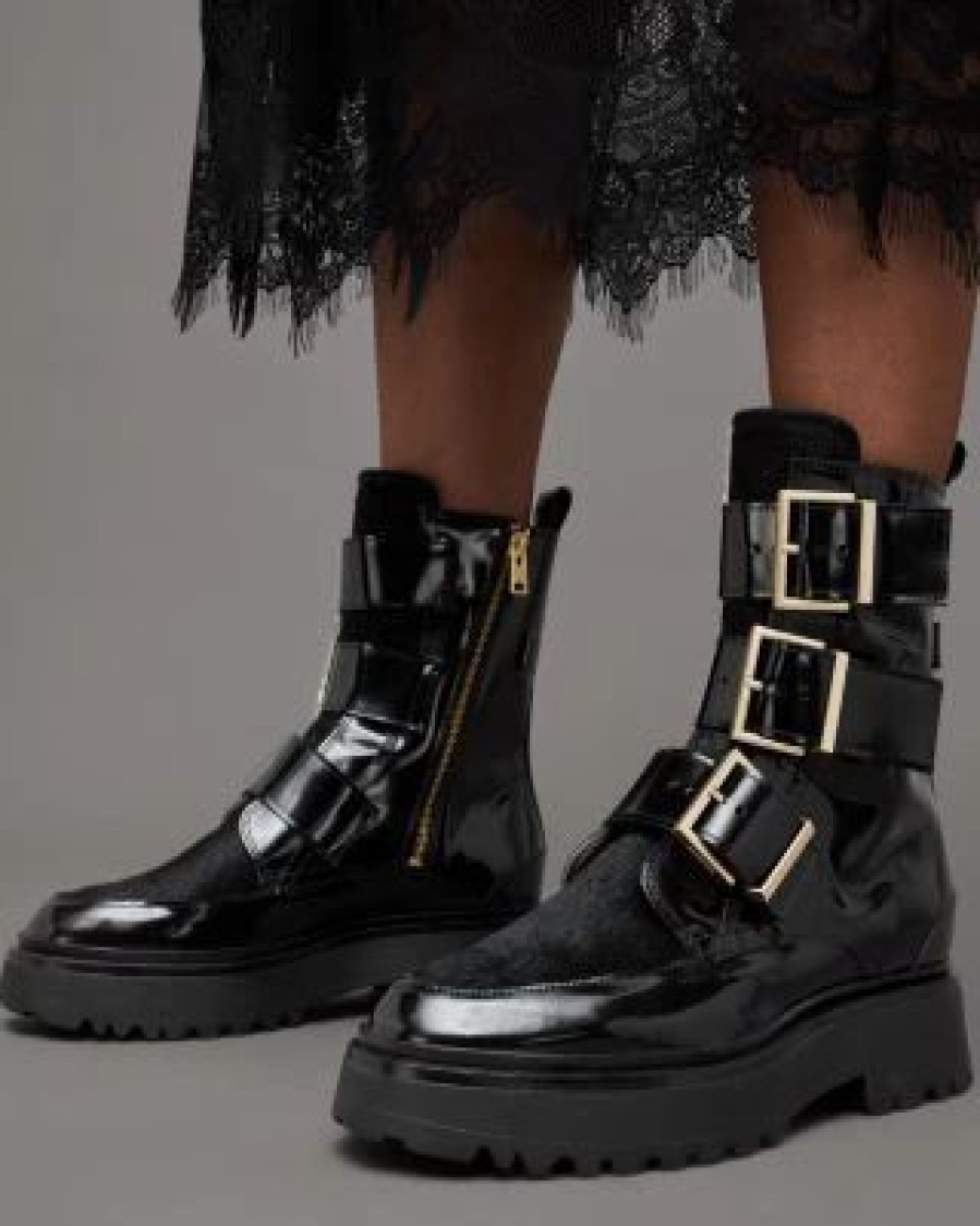 Shoes * | Women'S Lynx Triple Buckle & Calf Hair Booties Allsaints Black