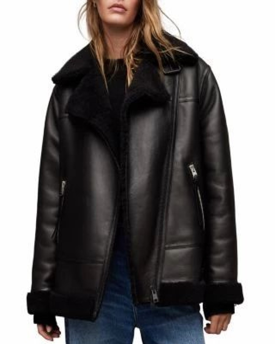 Women * | Sola Shearling Coat Allsaints Black