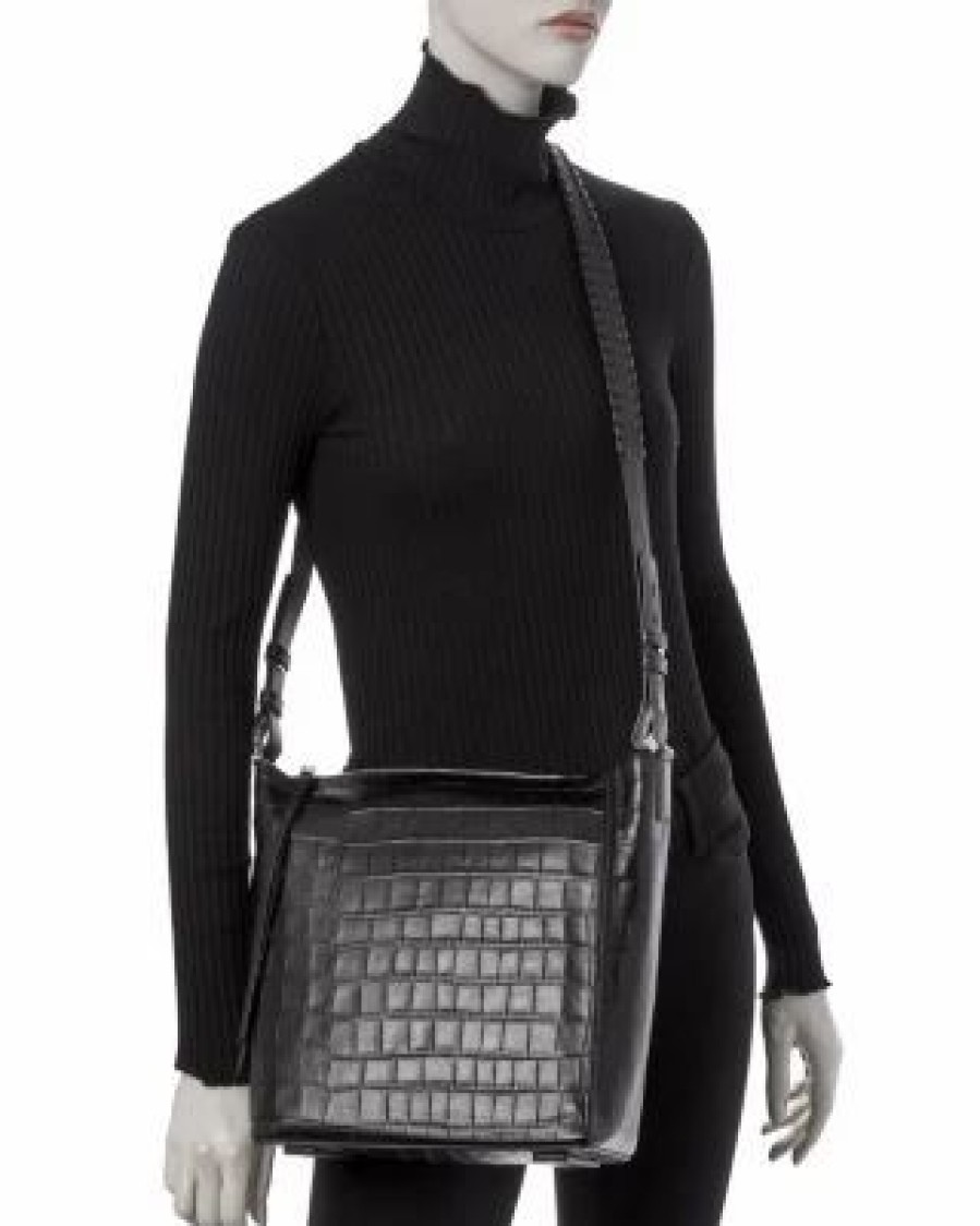 Accessory * | Kita Croc Embossed Leather Shoulder Bag Allsaints Black