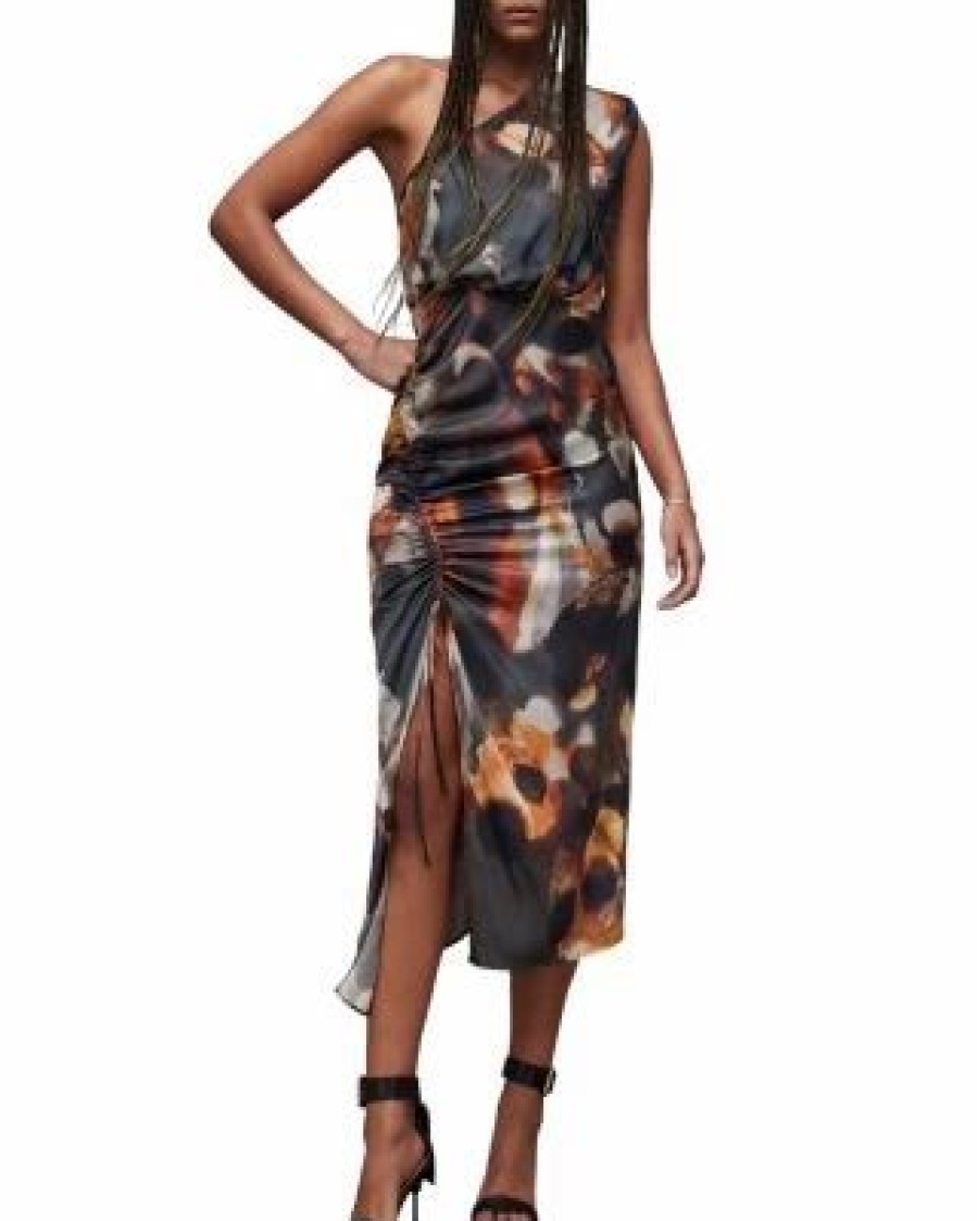 Women * | Laura Mars Asymmetric Printed Midi Dress Allsaints Multi